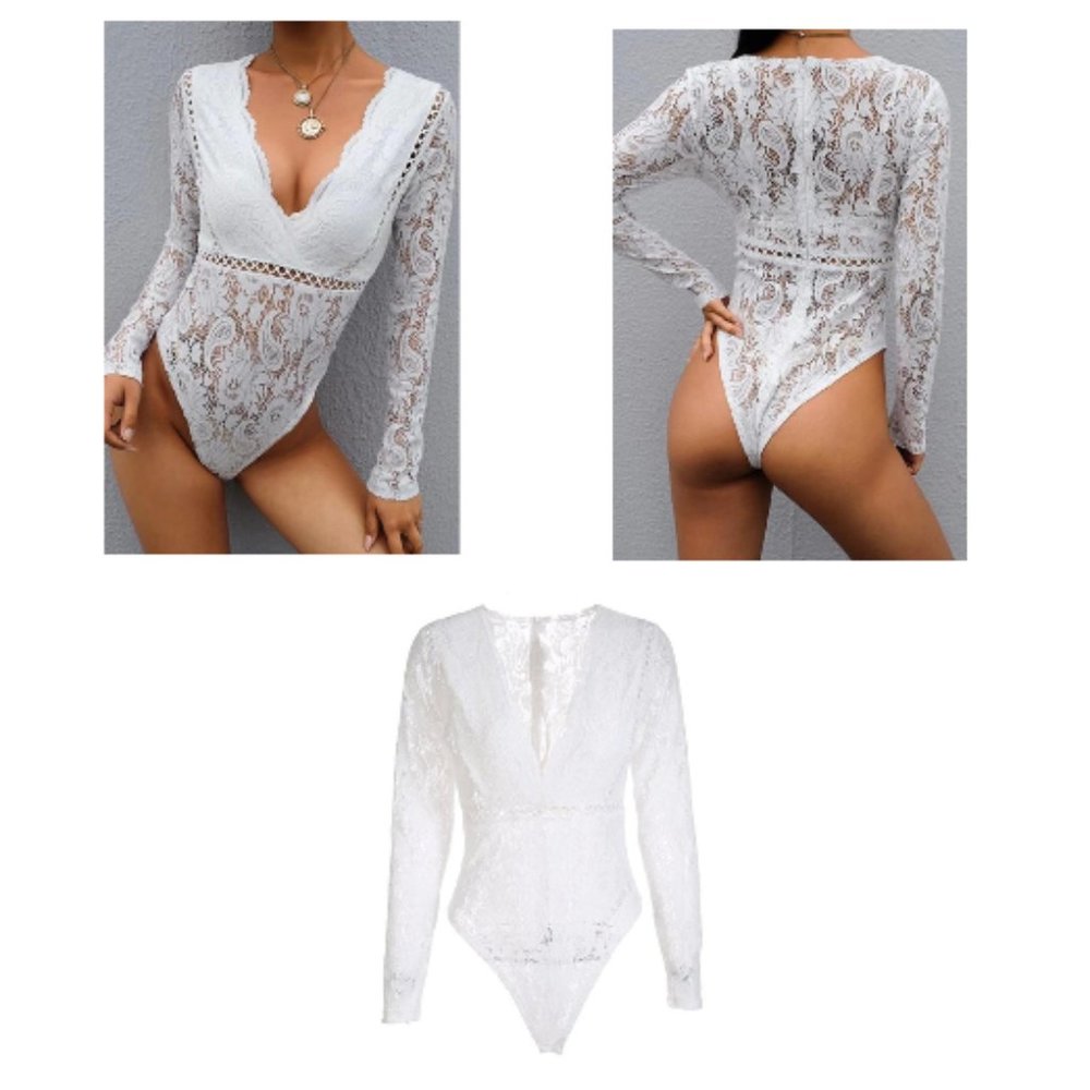White Deep V-Neck See Through Skinny Lace Bodysuit